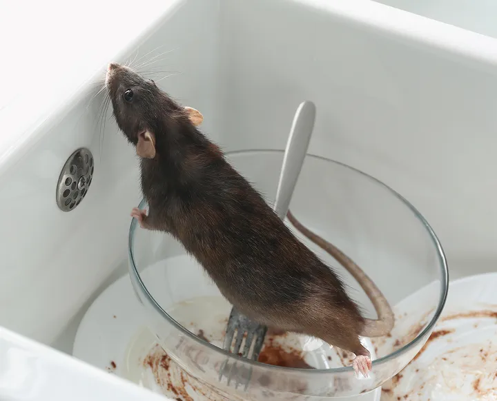 Rodent trapped in a kitchen sink, a sign of an indoor rodent problem