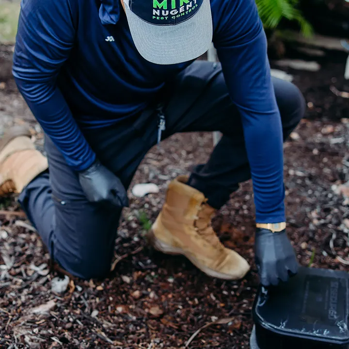 Pest control technician inspecting a rodent bait station outdoors