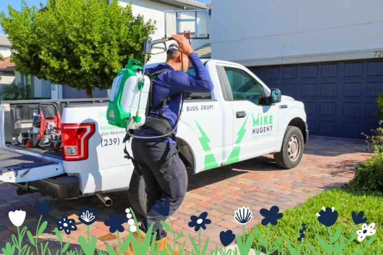 Mike Nugent Pest Control technician preparing for a spring pest control treatment at a Florida home.